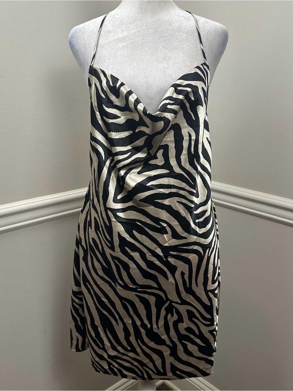Divided Zebra Print Satin like Mini Dress in Black and Cream M NWTS